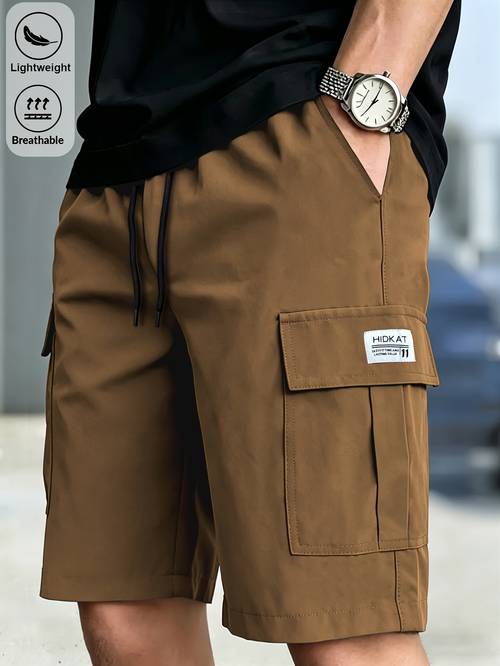 mens athletic cargo shorts with elastic waistband drawstring and multiple pockets suitable for fitness outdoor hiking running commuting daily wear and dates