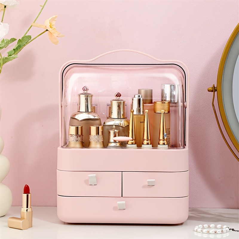 pink expandable makeup organizer with drawers dustproof cosmetic storage box for skincare lipstick jewelry and brushes transparent lid multi tiered compartments vanity or bathroom countertop cosmetic storage organizer details 7