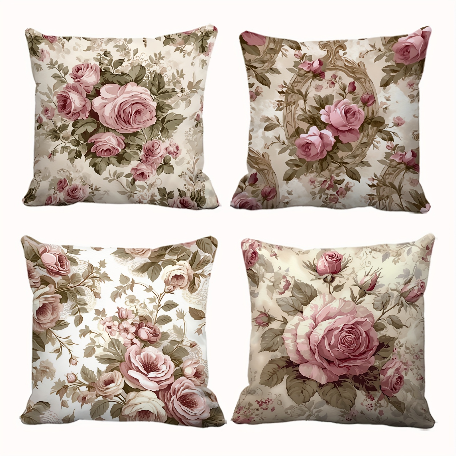 

4-pack Traditional-style Floral Throw Pillow Covers, Pink Roses And Print, Hand Wash Only, Zipper Closure, Woven Polyester, Decorative Cushion Cases For Home And Outdoor, Fits Room Types - No Insert