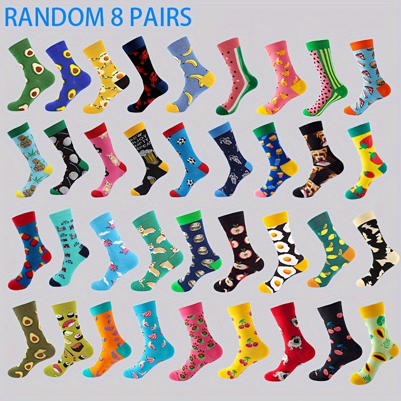 E-shop 8 Paar Damen Mid-Calf Socken mit Cartoon-Motiven in Bonbonfarben, mit Fruchtmustern, geeignet für Damen und Herren, bequem, atmungsaktiv und