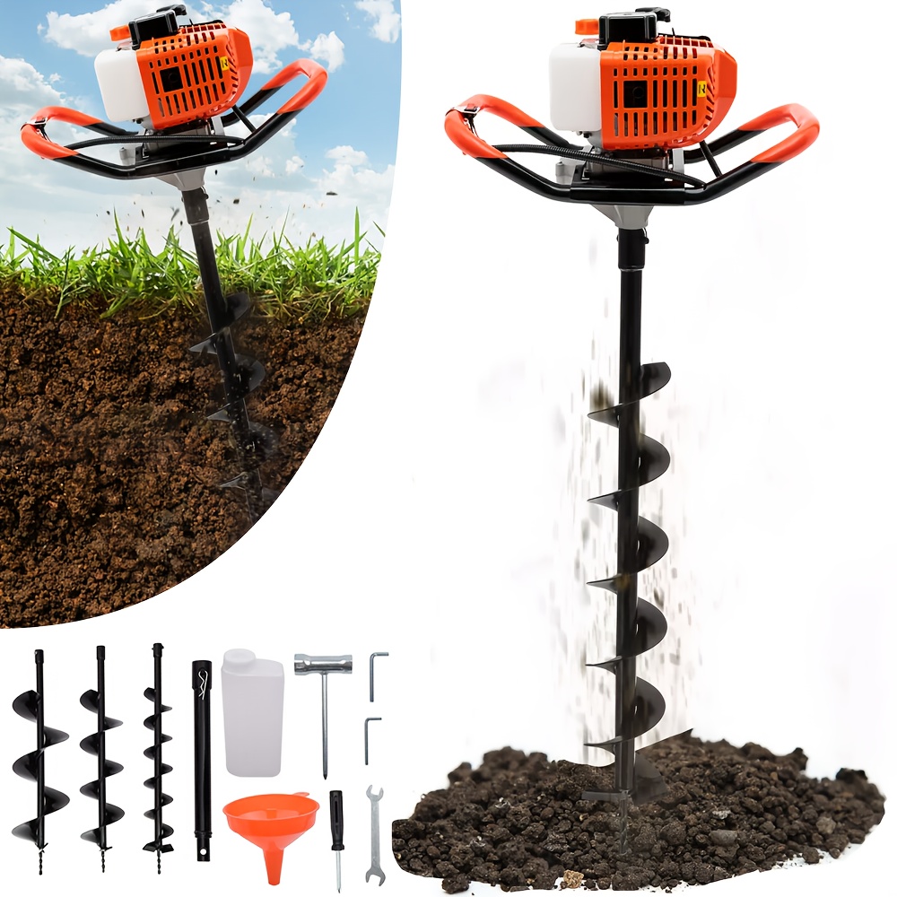 TEMU 52cc Petrol Earth Drill | 2-stroke Post Hole Digging Machine, Air-cooled With , Steel Auger Digger, Includes 3 Drill Bits (100, 150, 200 Mm)