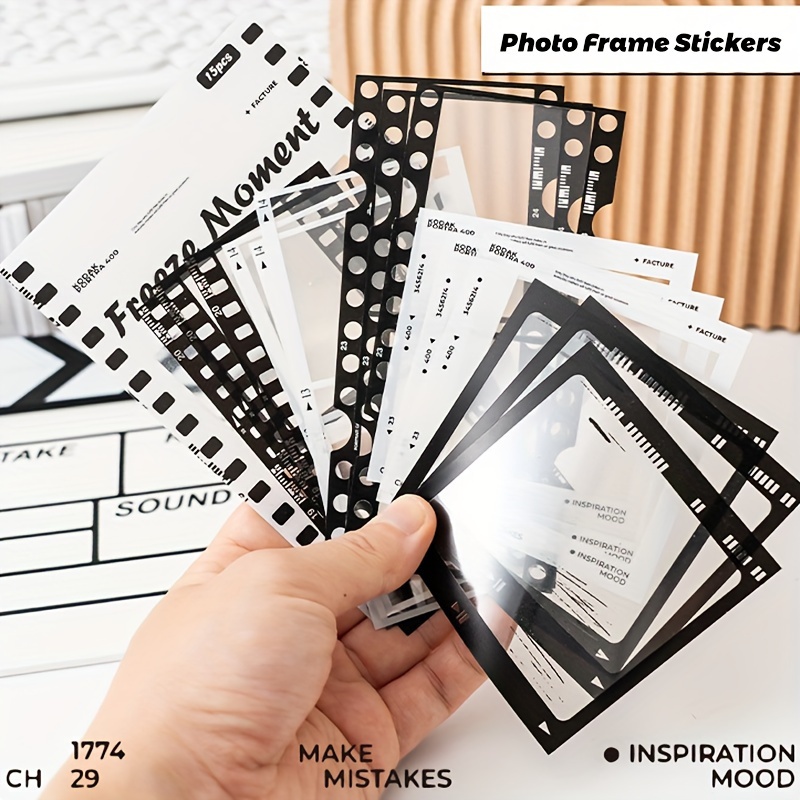 

30-pack Geometric Pattern Film Frame Stickers - Vintage Style Self-adhesive Pvc Photo Borders For Scrapbooking, Journal Decoration, Diy Crafts, Movie-themed Transparent Black White, Rectangle Shape