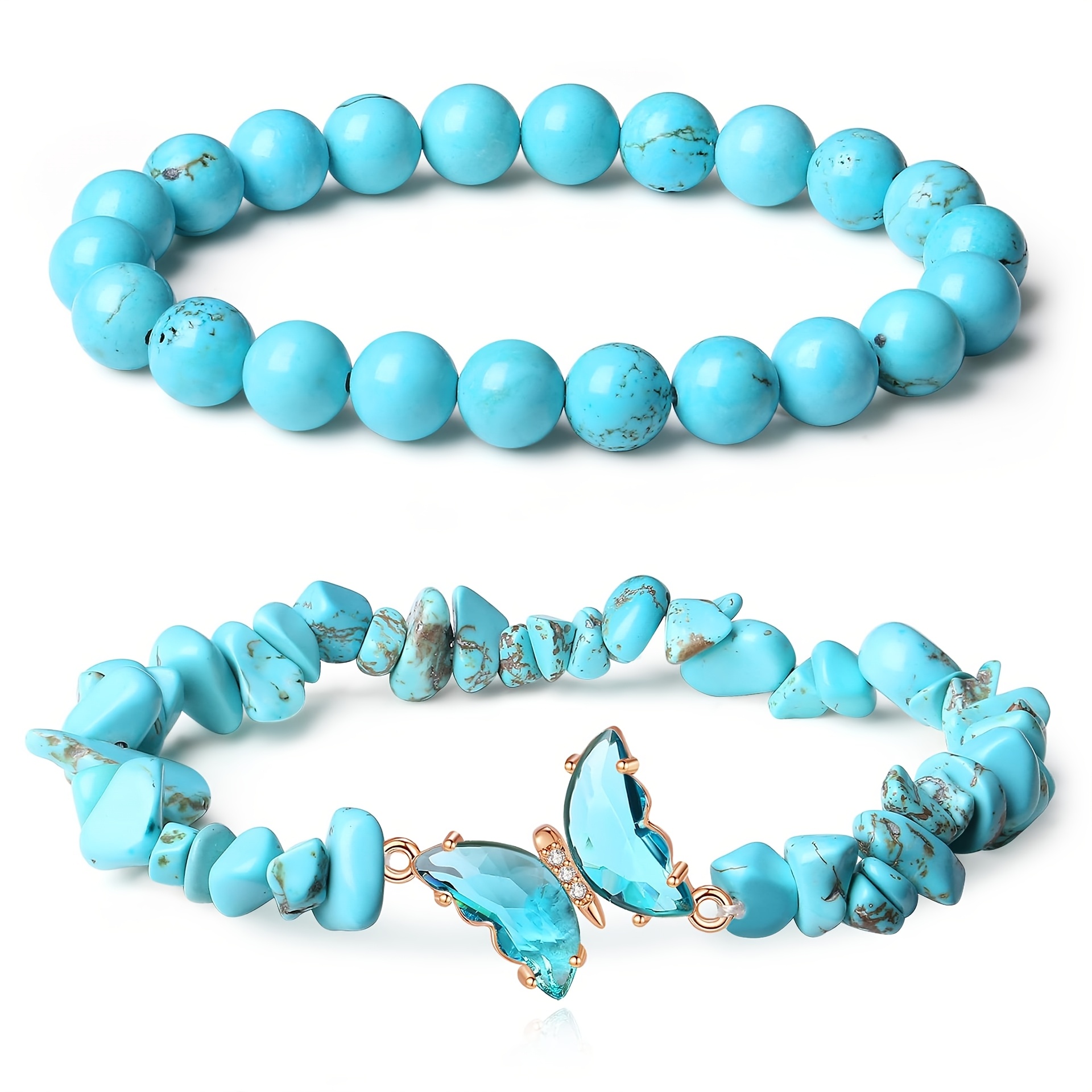 2pcs Turquoise & Amethyst Charm Bracelet Set with Butterfly Pendant