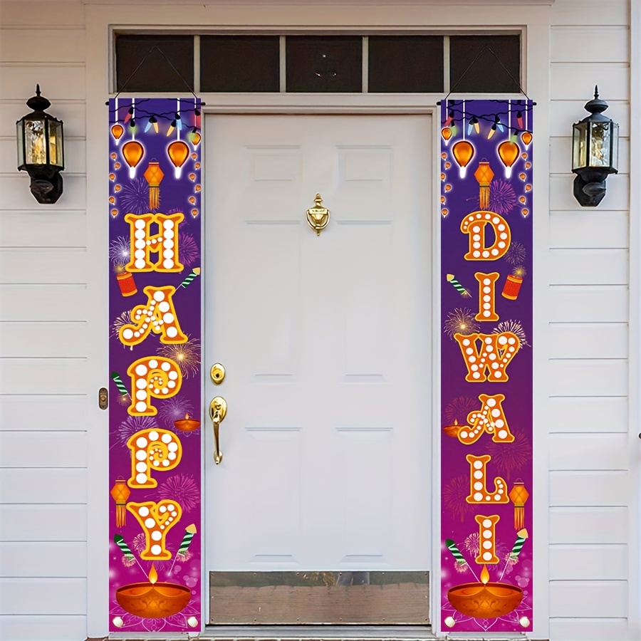 

Happy Diwali Porch Banner Set - 1 Pair, Polyester Hanging Signs For Outdoor Decor & Party Supplies