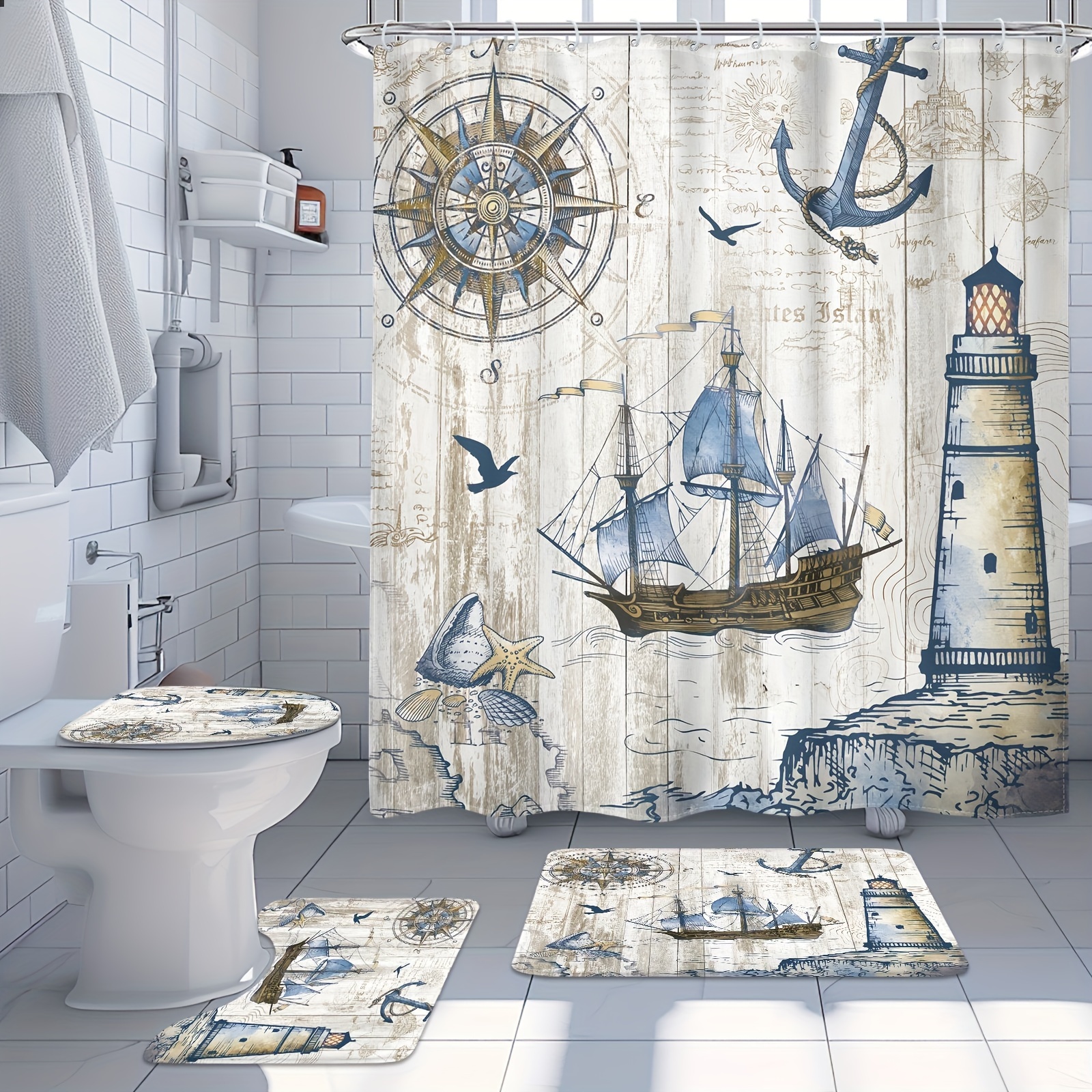 

1/4pcs Nautical Sailboat Shower Curtain Set, Waterproof Bathroom Partition Curtain With Hooks, Non-slip Bath Rug, Toilet U-shape Mat, Toilet Lid Cover Mat, Bathroom Accessories, Bathroom Home Decor