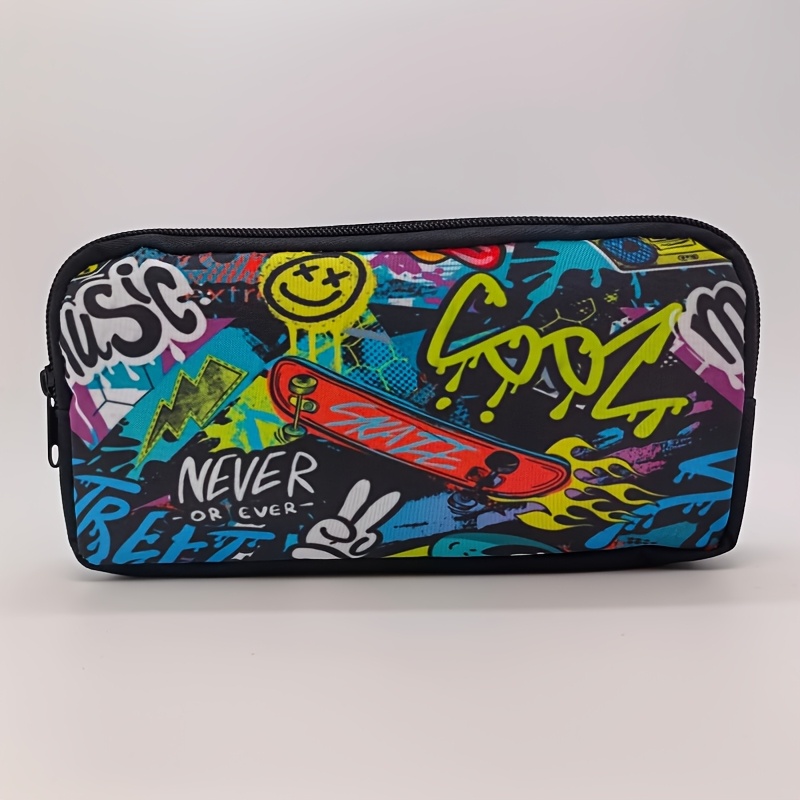 TEMU 1pc Street Graffiti Large Capacity Zippered Pen Bag, 2 Colors Available, Student Trendy Stationery Organizer