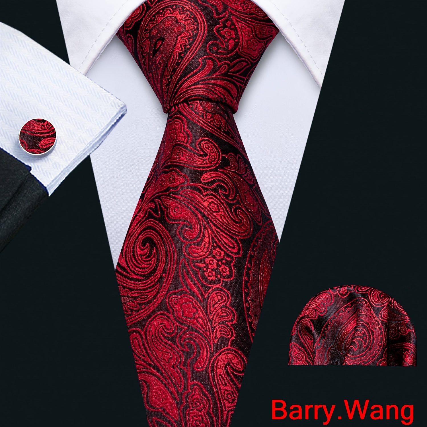 

Barry.wang 3pcs/set Men's Silk Classic Floral Paisley Necktie With Hanky And Cufflinks For Business & Wedding, Father's Day Gift