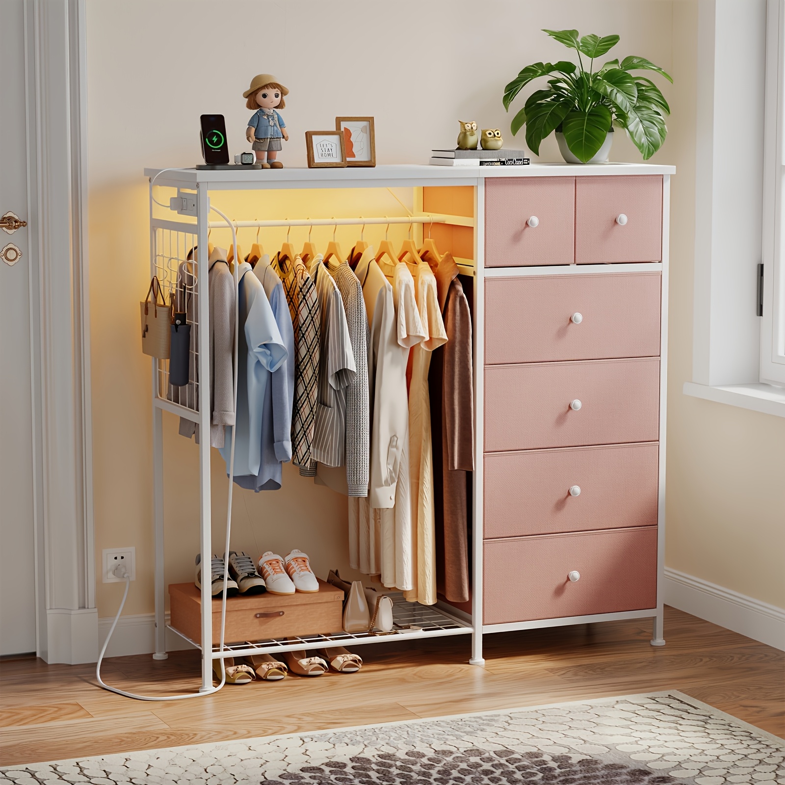 Dresser with LED Lights And Charging Station for Bedroom - 6-Drawer Fabric Storage Dresser with Hanging Rack, Sturdy Wooden Top, Stable Anti-Tip Design, Perfect for Modern Homes & Apartments