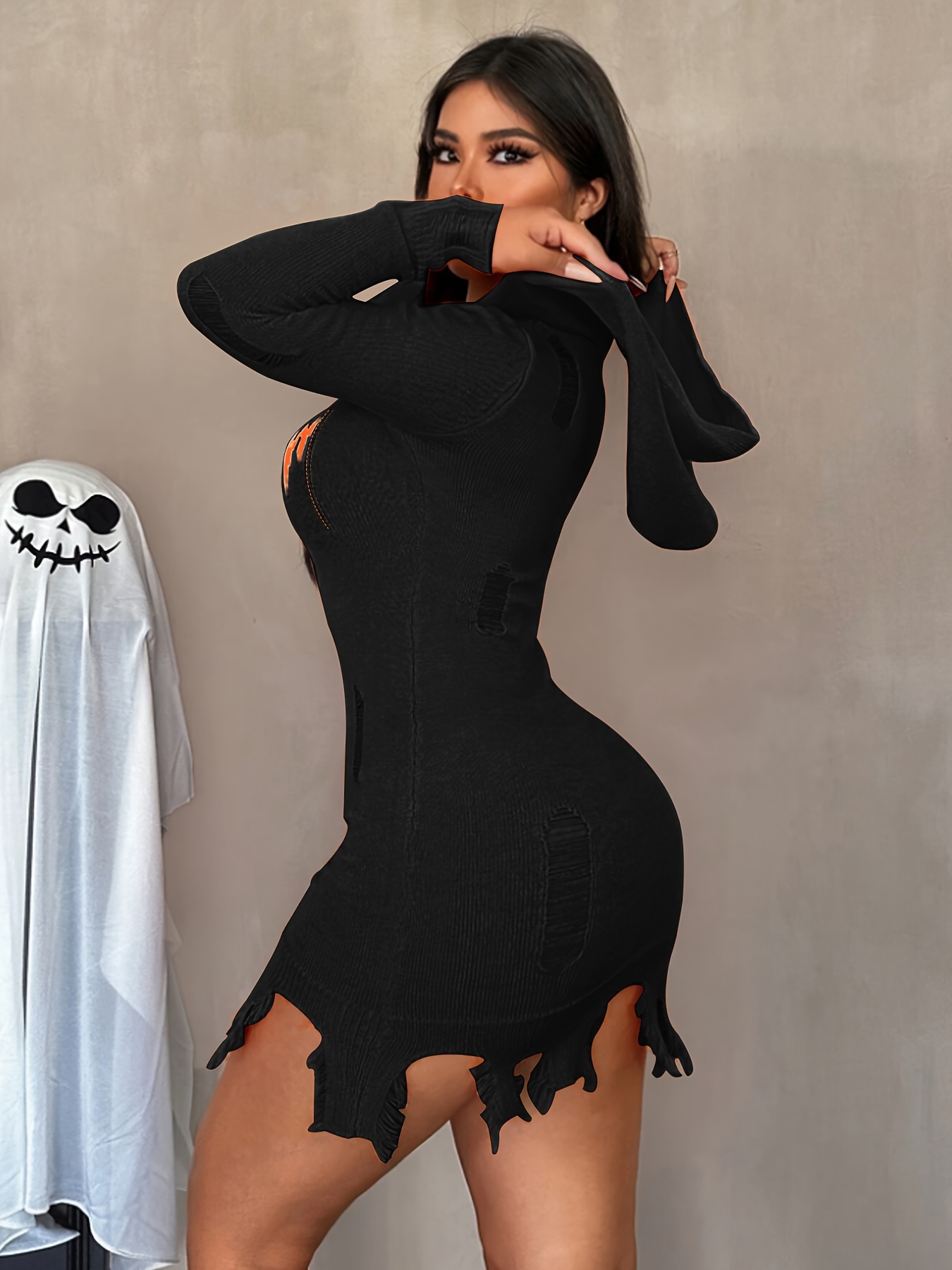 Women'* Color Hooded Halloween Dress Distressed Pumpkin Bodycon  X-Silhouette, Machine Washable, Vibrant Orange for Halloween Part