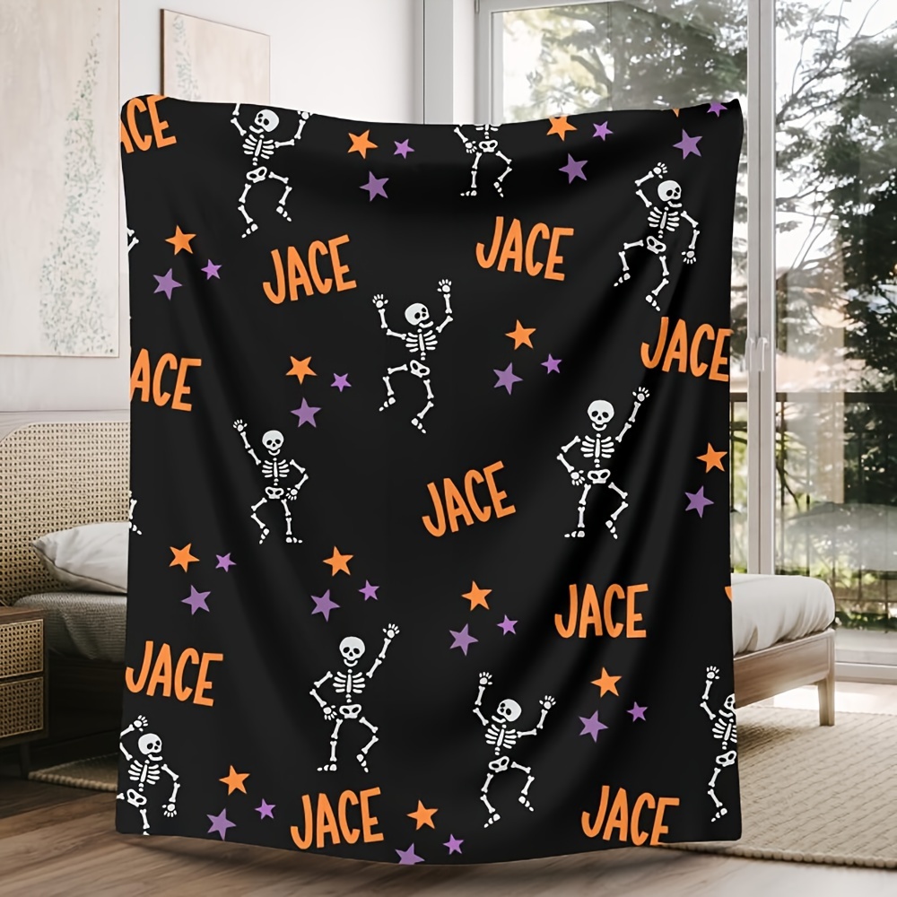 

1pc Personalized Skeleton Throw Blanket For Boys, Customizable Name | Contemporary Style Flannel Knit Multipurpose Throw | Machine Washable Polyester Blanket