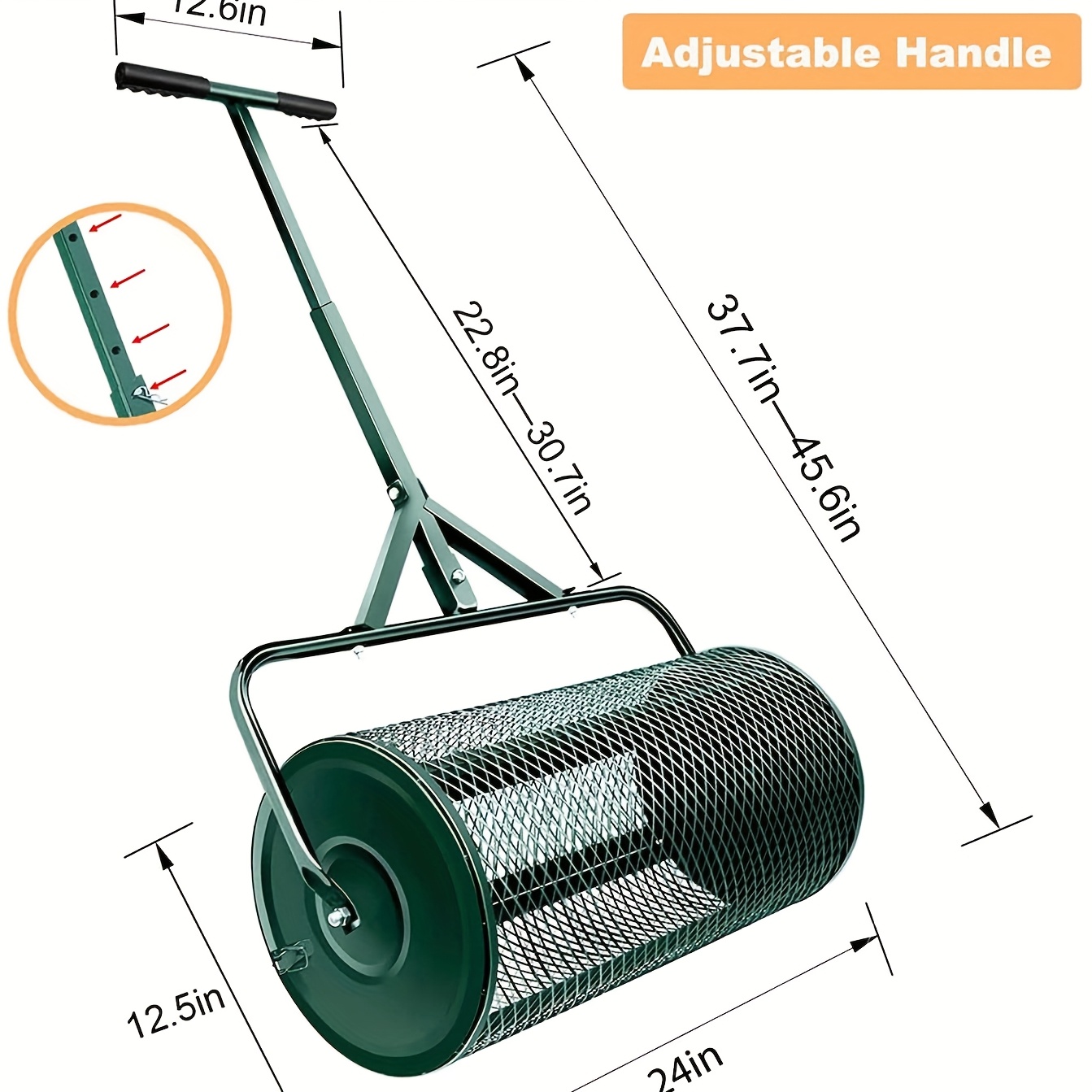 TEMU Heavy-duty 24" Compost & Fertilizer Spreader With Upgraded Side Latch - Durable Metal Mesh Roller For Lawn & Garden Topdressing, Large Door,