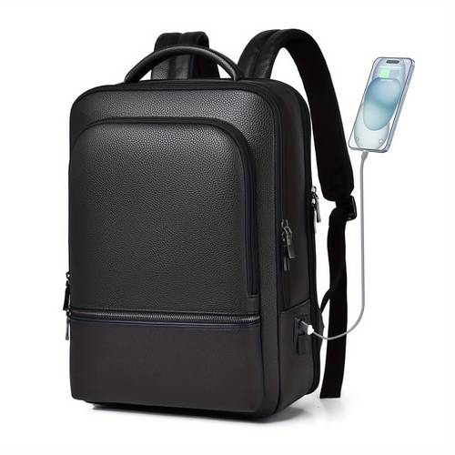 mens genuine leather laptop backpack with usb charging port fits 15 6 laptop waterproof stain resistant adjustable shoulder straps multiple compartments black business college travel bag