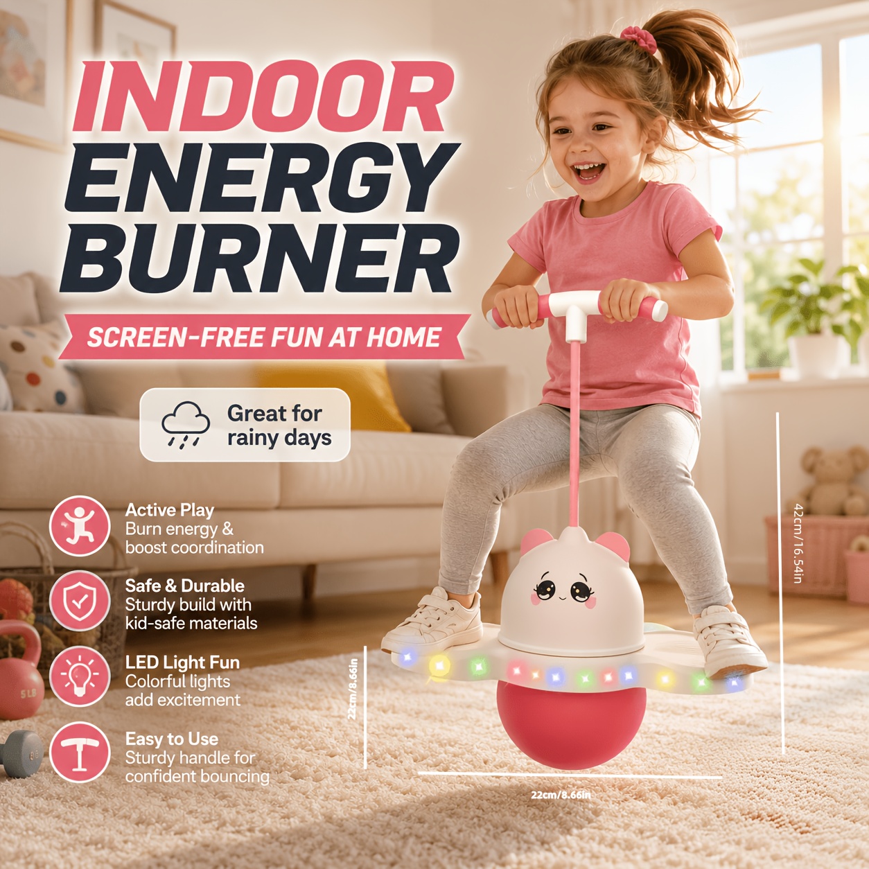 TEMU New Led Light Up Bounce Hopper Toy With Handle, Cute Panda & Pink Animal Balance Bouncer For Boys Girls, Indoor , Birthday Gifts, Christmas