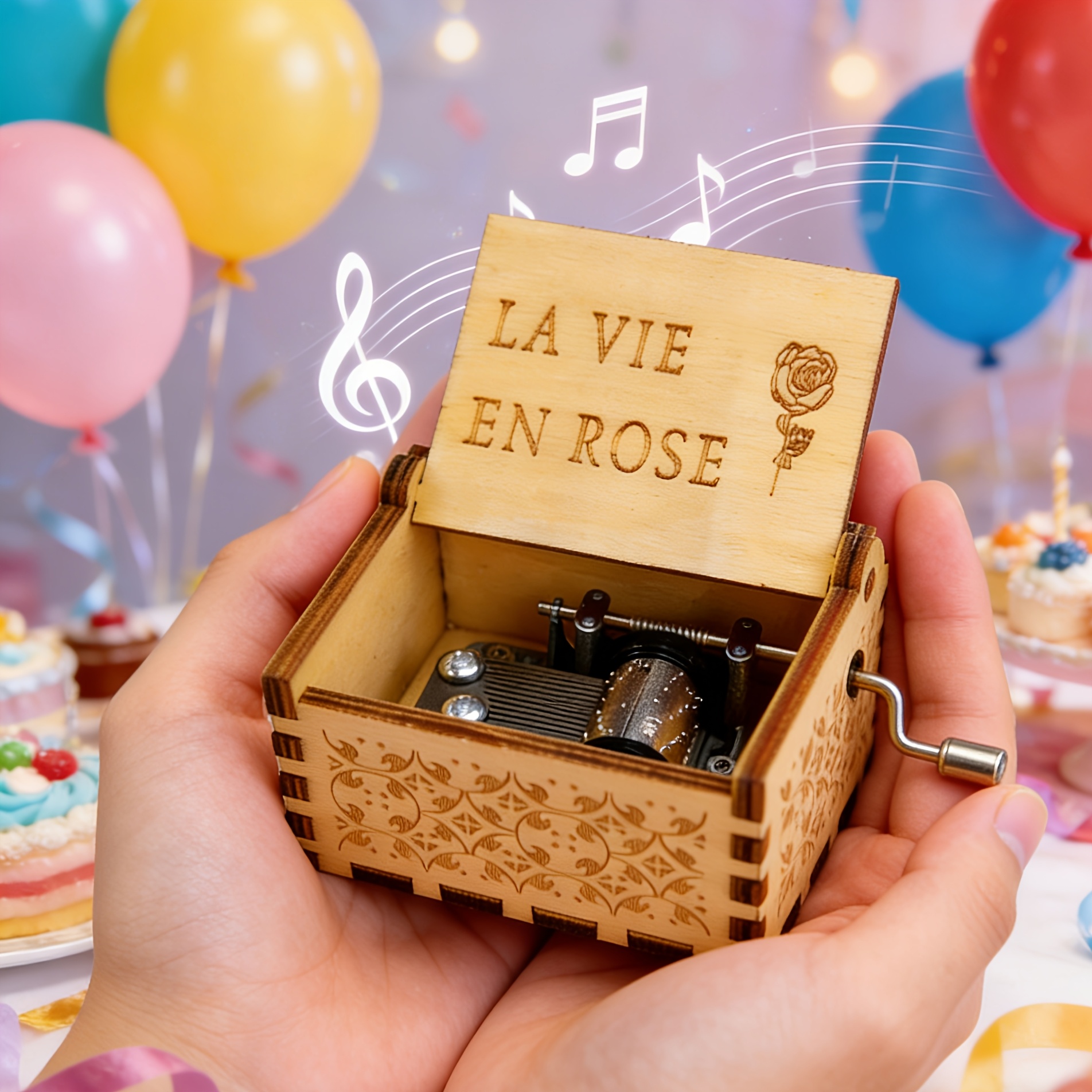 TEMU Boîte à musique en bois à avec de notes gravée au laser. manuellement la latérale pour le mécanisme et produire du son. Le couvercle présente un