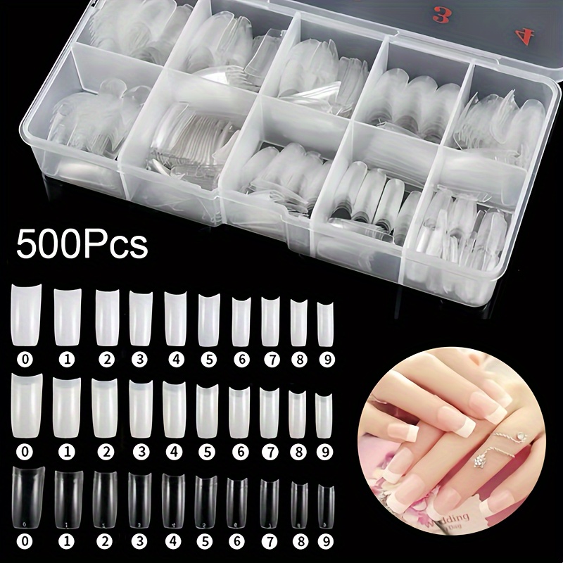 

500pcs Acrylic Nail Tips Set, Mixed , Square Shape, Medium Length, , Glossy , Transparent Artificial Nail Design Accessories For Diy Nail Salon Art Tools For Women