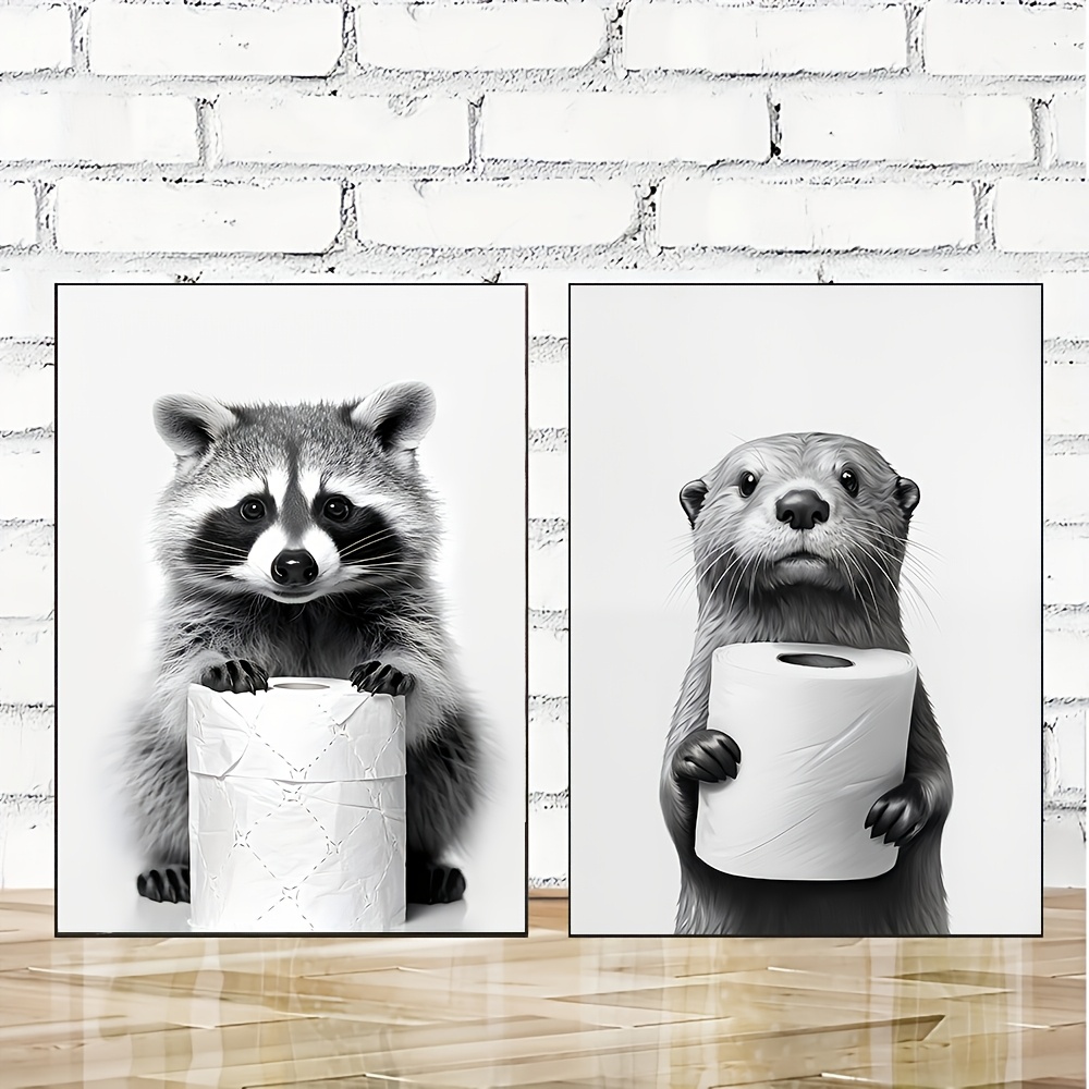 Otter & Raccoon Duo - 2pcs Black And White Canvas Art Set, Frameless Wall Decor For Living Room, Bedroom, Office, Room Decor