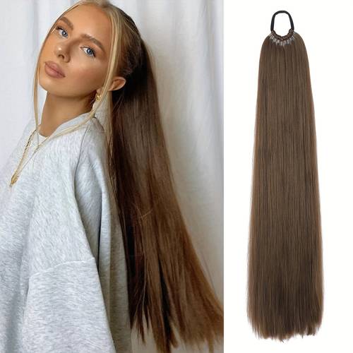 26 inch long straight ponytail extension with braided boxing ties and rubber bands for diy
