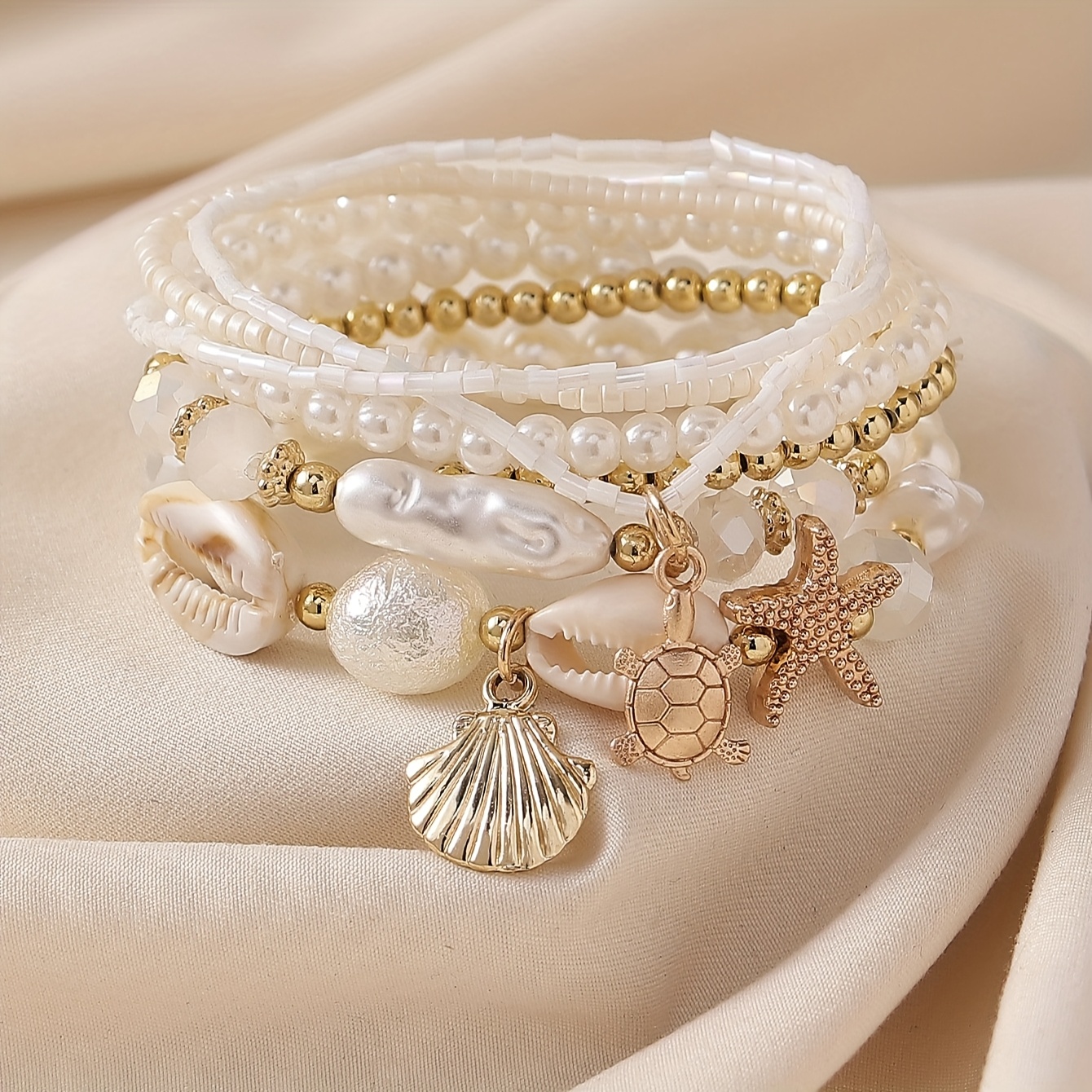 7pcs   womens bohemian multi layer   clam shell bracelet ocean themed resin beach with shell beads layered suitable for vacation daily wear year round gift