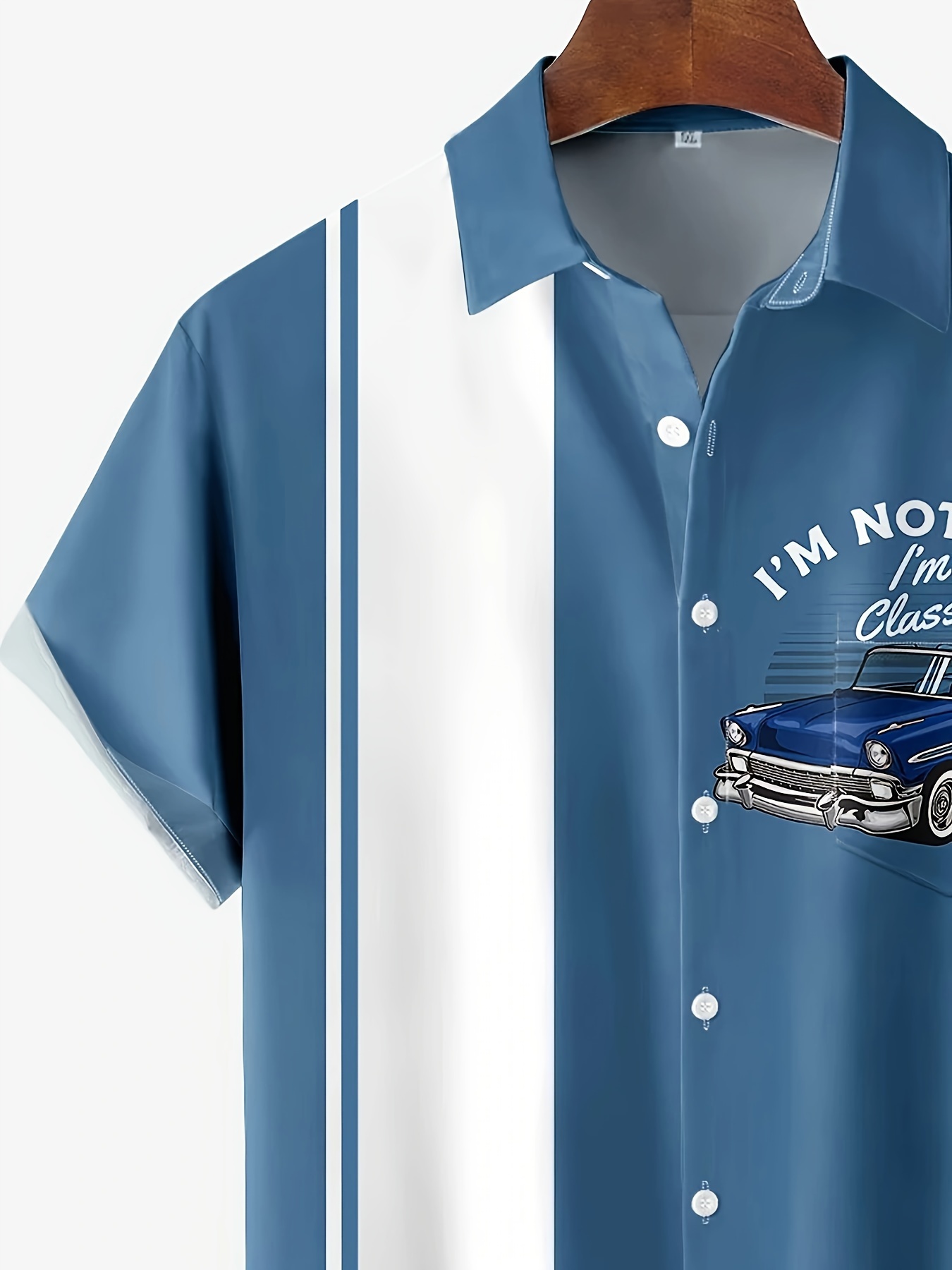 Men'S Plus Size Vintage Car Graphic Button-Up Shirt - Blue & White Checkered, Short Sleeve, Casual Summer Shirt with Front Pocket, Casual Summer Wear|Vintage Car Print|Short Sleeve Shirt