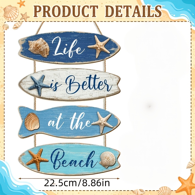 TEMU 2d Flat - 2d Plane, 1 Set, Summer Beach Wood Wall Decor, Cottage Coastal Bathroom Wall Art Decoration, Blue Hanging Sign, Suitable For Home