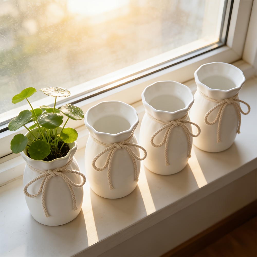 Image of 4-pack Soft Folded Fabric Look Plant Pots, Small White Flower Pots With Jute Bow, Cute Mini Plastic Planter For Succulents, Windowsill Desk Decor, Boho Home Decor, Set Of 4 Gardening Gift