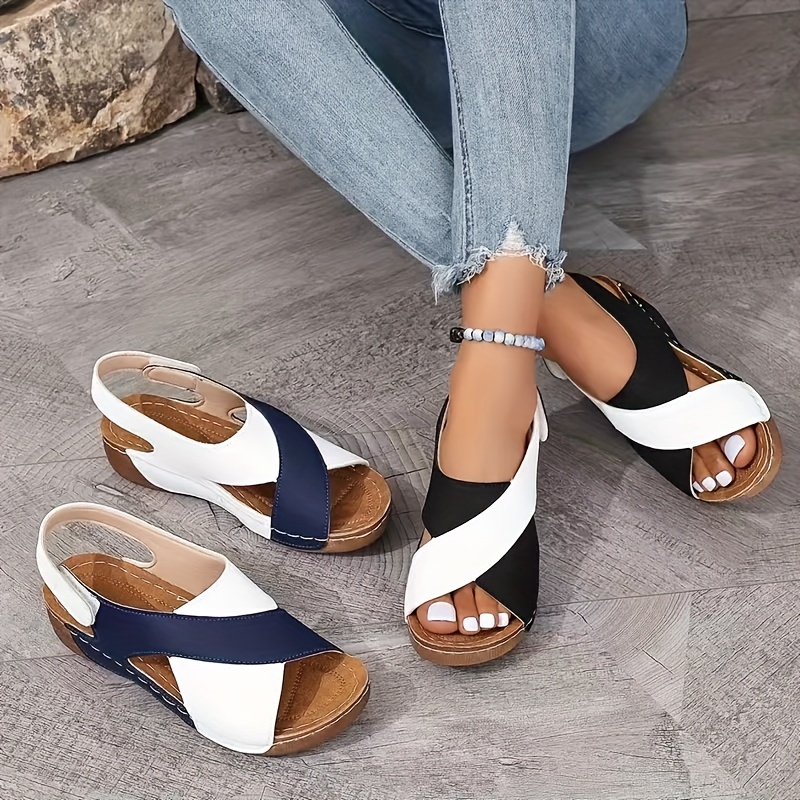 

Women's Contrast Color Wedge Sandals, Crisscross Design Peep Toe Slingback Shoes, Comfy Soft Sole Outdoor Sandals