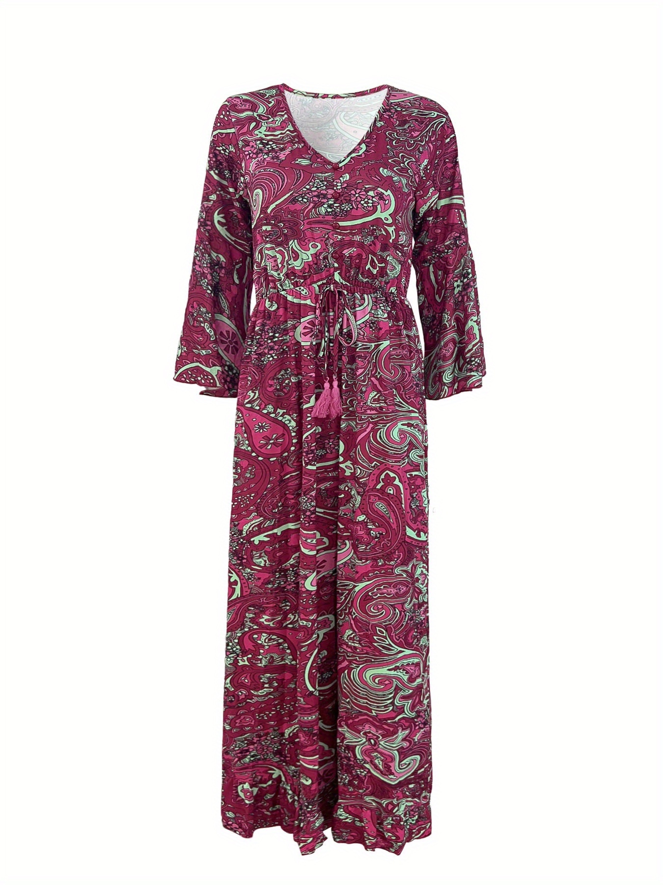 womens bohemian floral print v neck flared sleeve maxi dress - Temu Spain
