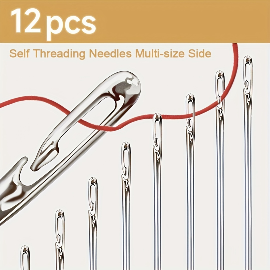 

12pcs Self-threading Needles, Easy Thread Side Opening, Assorted Sizes, Durable Stainless Steel, Hand Sewing & Quilting, 4 Sizes