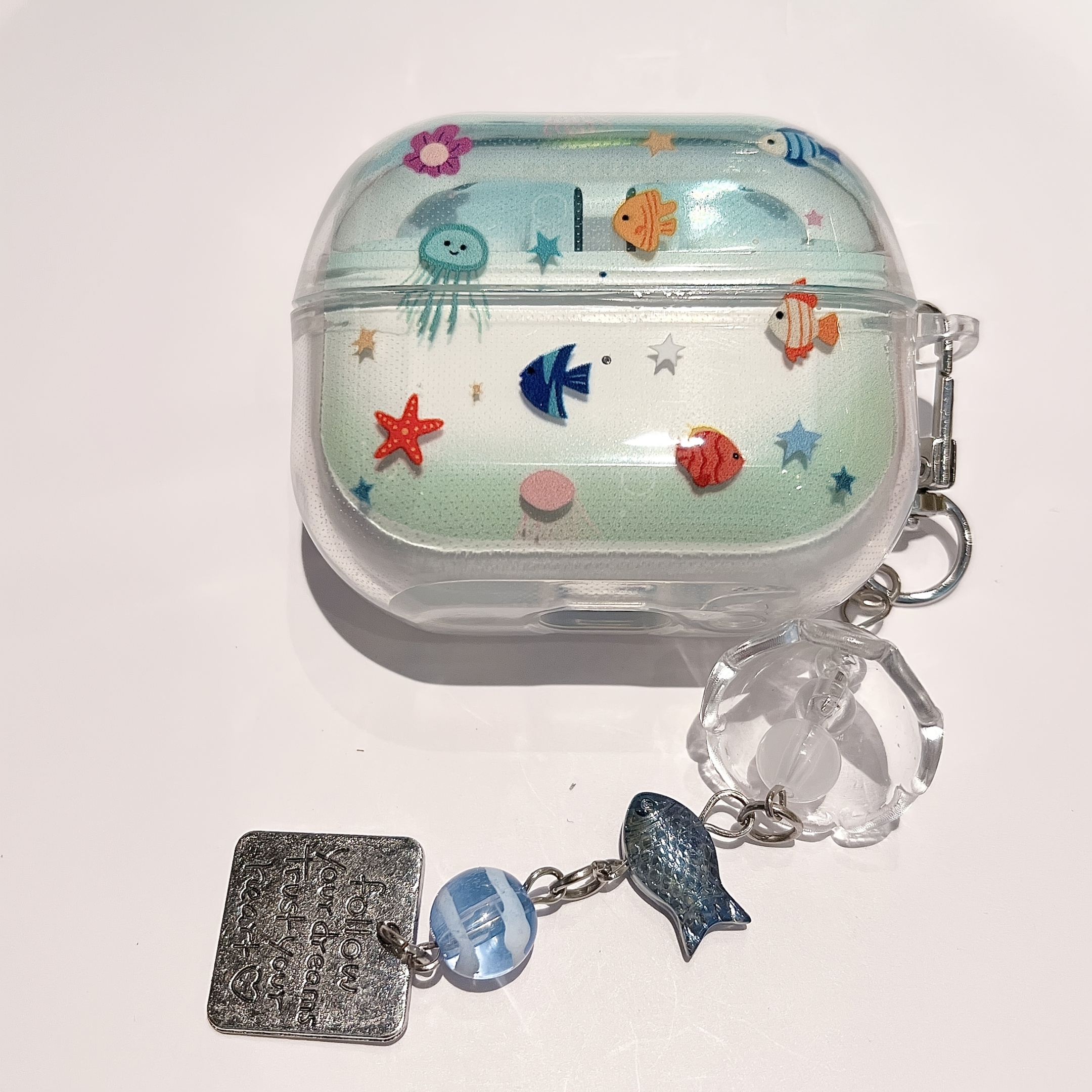 TEMU 1pc Transparent Blue Smudged Colorful Fish School Earphone Case + Small Fish Charm, Suitable For Redmi Buds6 Play/buds Se/xiaomi Air4se Earphone