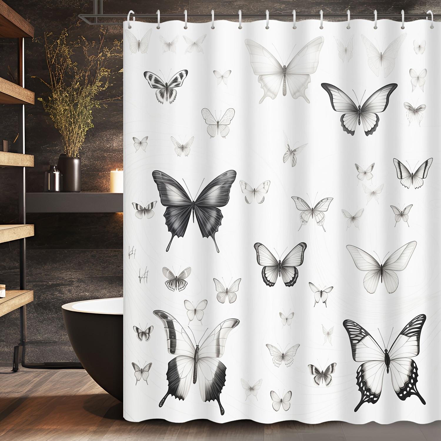 

Chic Black & White Butterfly Print Shower Curtain - Waterproof, Machine Washable With Hooks Included - Perfect For Bathroom Decor, 72x72 Inches