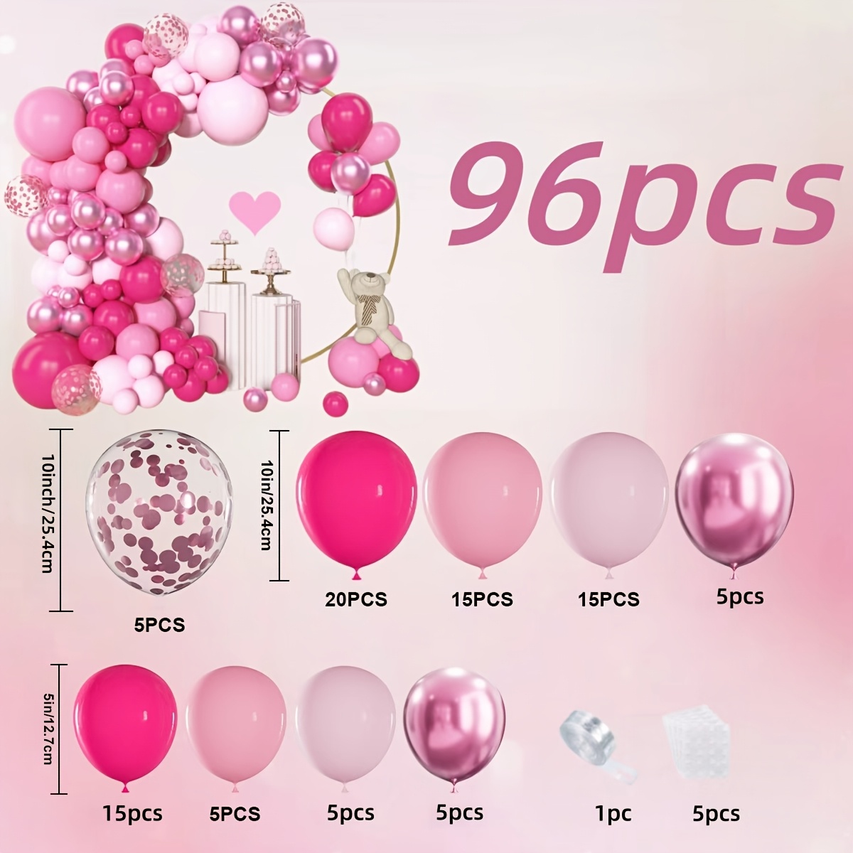 TEMU 96 Juegos de Guirnaldas de Globos de Látex Rosados, Polvo Metálico, Globos , Globos de Rosados. Adecuado para , , Ceremonias de Graduación,