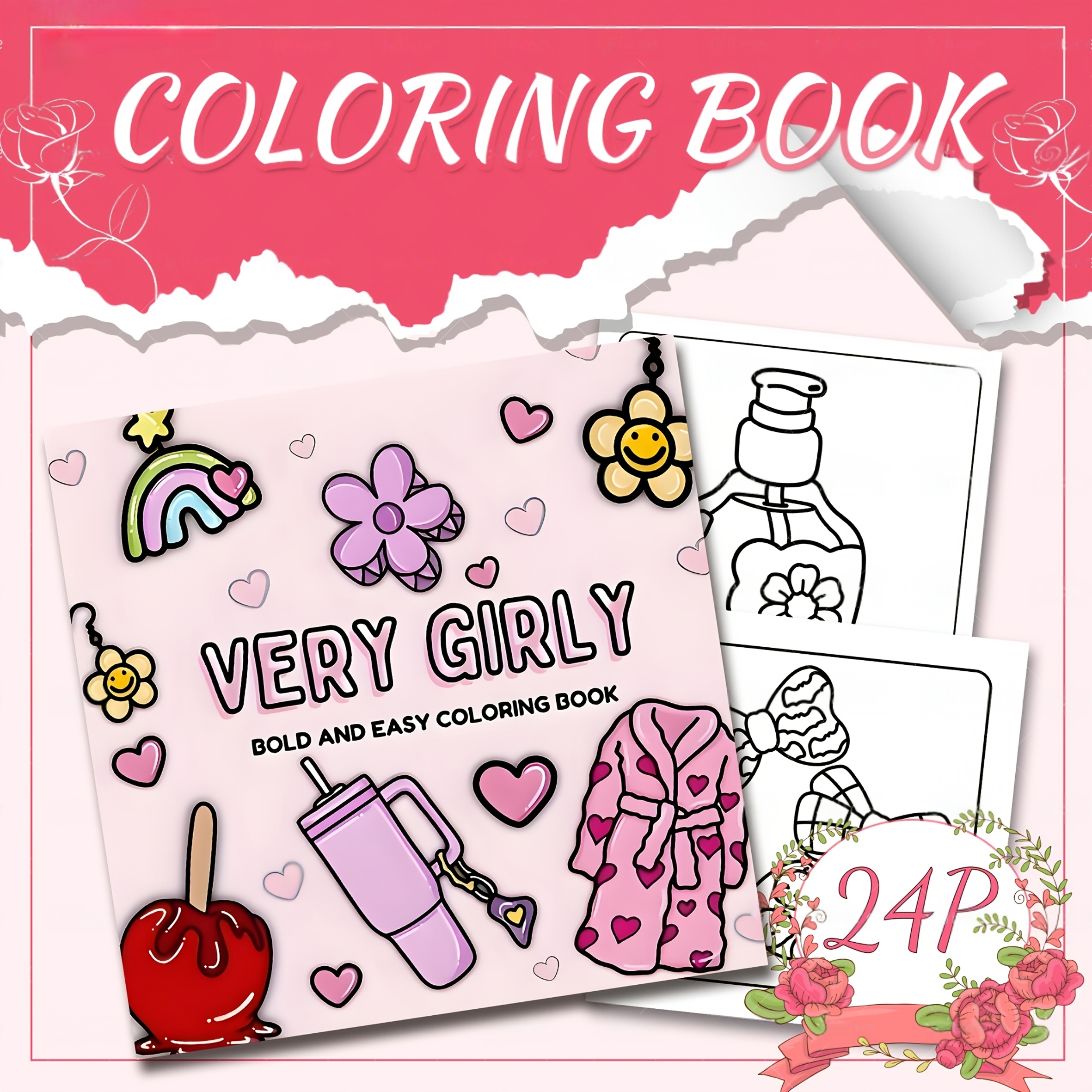 E-shop Malbuch | 24 Seiten Dicke Linie Süße Malbilder | Schleife, Wasserflasche, Bademantel Muster | Valentinstagsgeschenk 2026 | Klassenzimmer Kunst