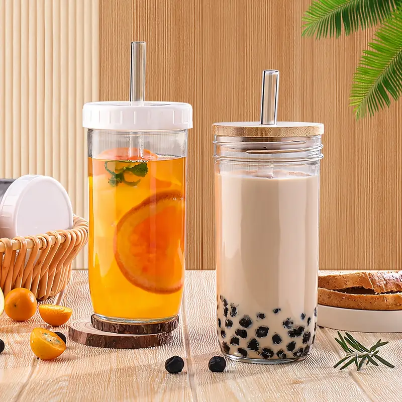 4pcs glass cup set with wooden lids straws bpa free reusable drinking jars for coffee tea and beverages ideal for outdoor parties gifts christmas essential cup accessories Product details 1