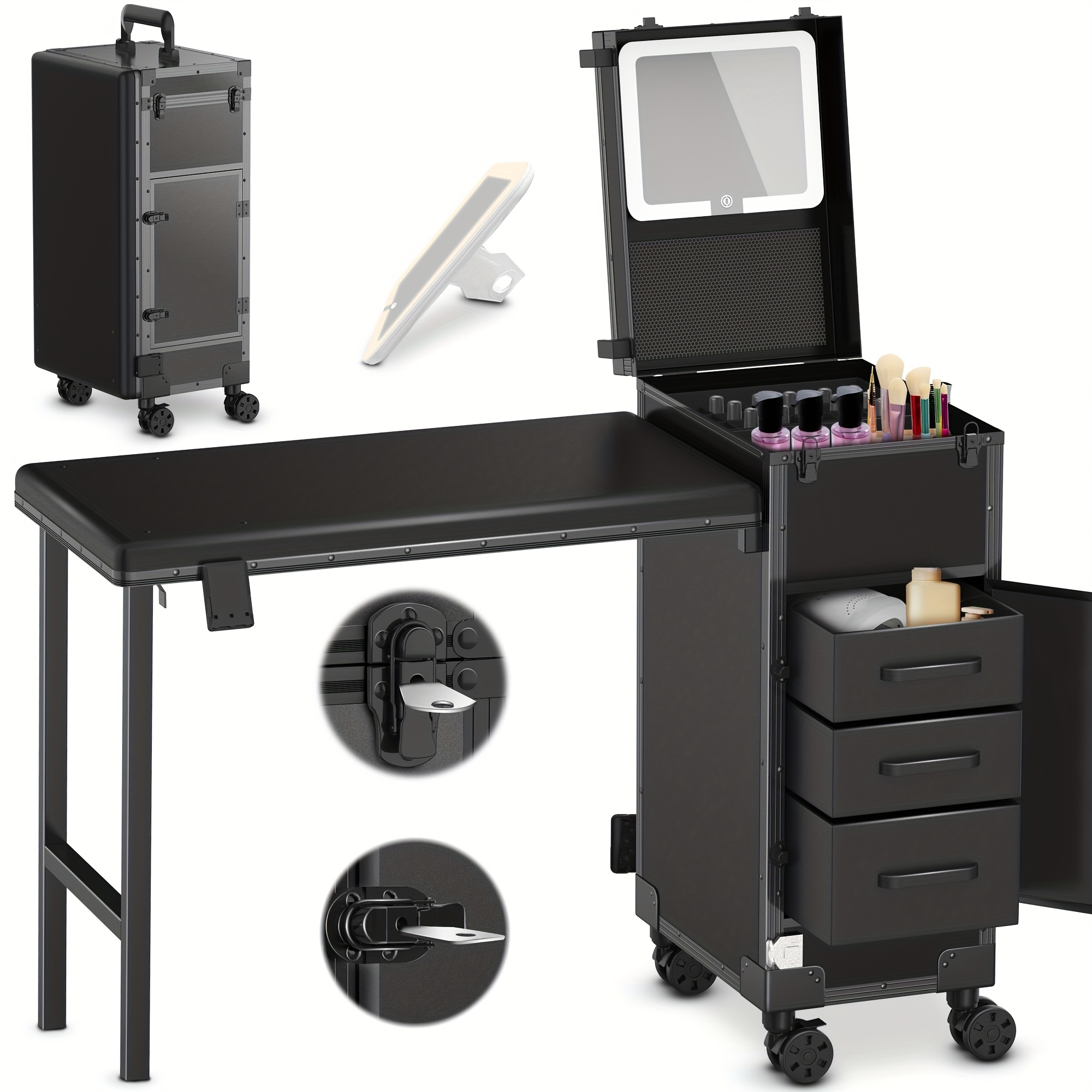 Rolling Portable Manicure Table With 3 Drawers, * &amp; Nail Polish Organizer, Lockable Makeup Train Case With Foldable Nail Desk, Cosmetic Travel Ca
