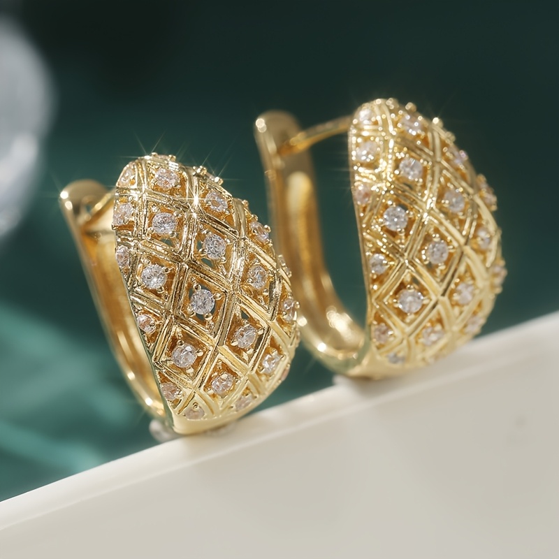Image of Golden Color Hoop Earrings Style Woven Hollow Out Synthetic White Cubic Zirconia Ear Stud Earrings For Women High Wedding Party Jewelry