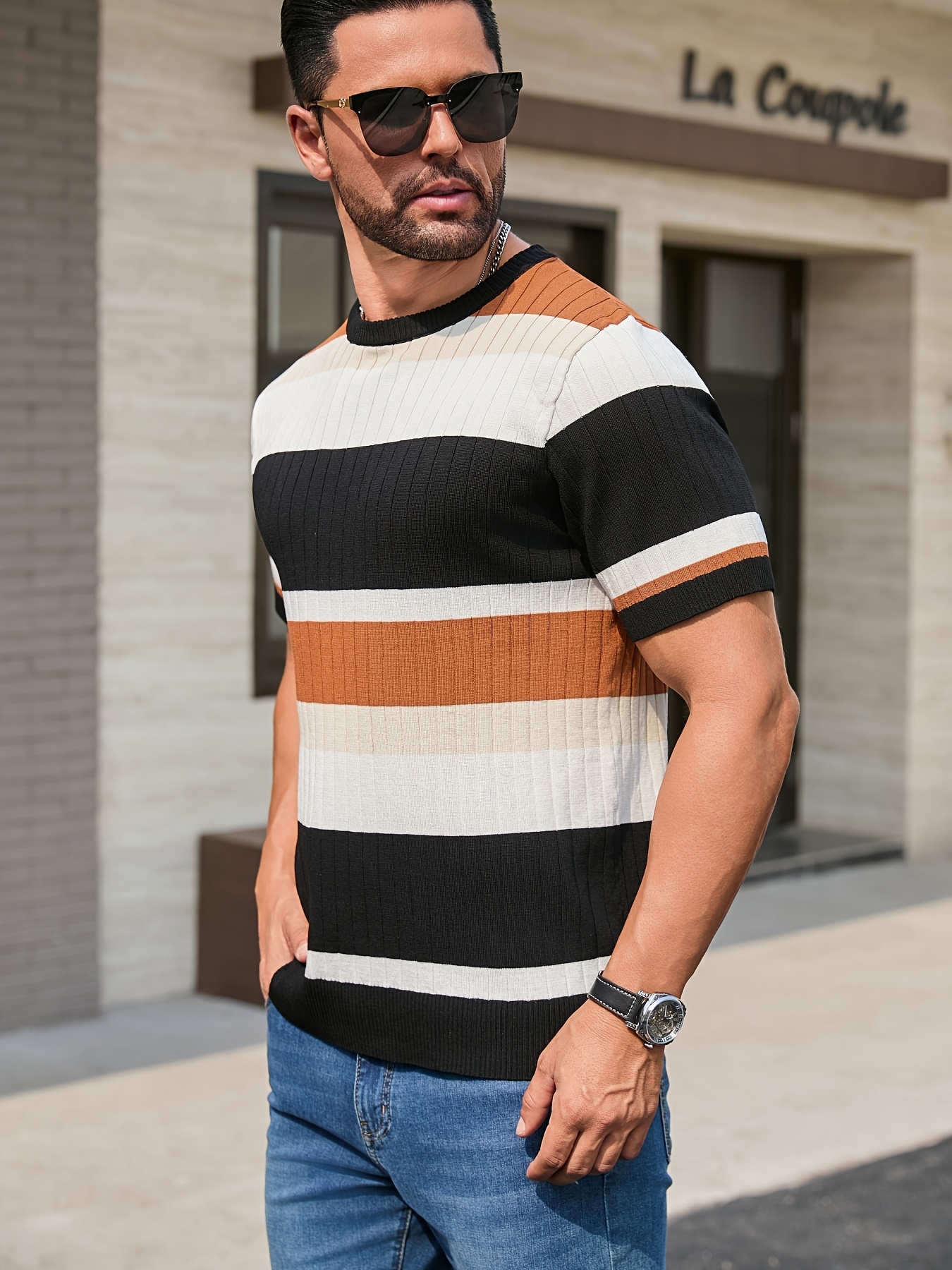 suéter punto rayas hombre cuello ajustado lavable en Temu Colombia