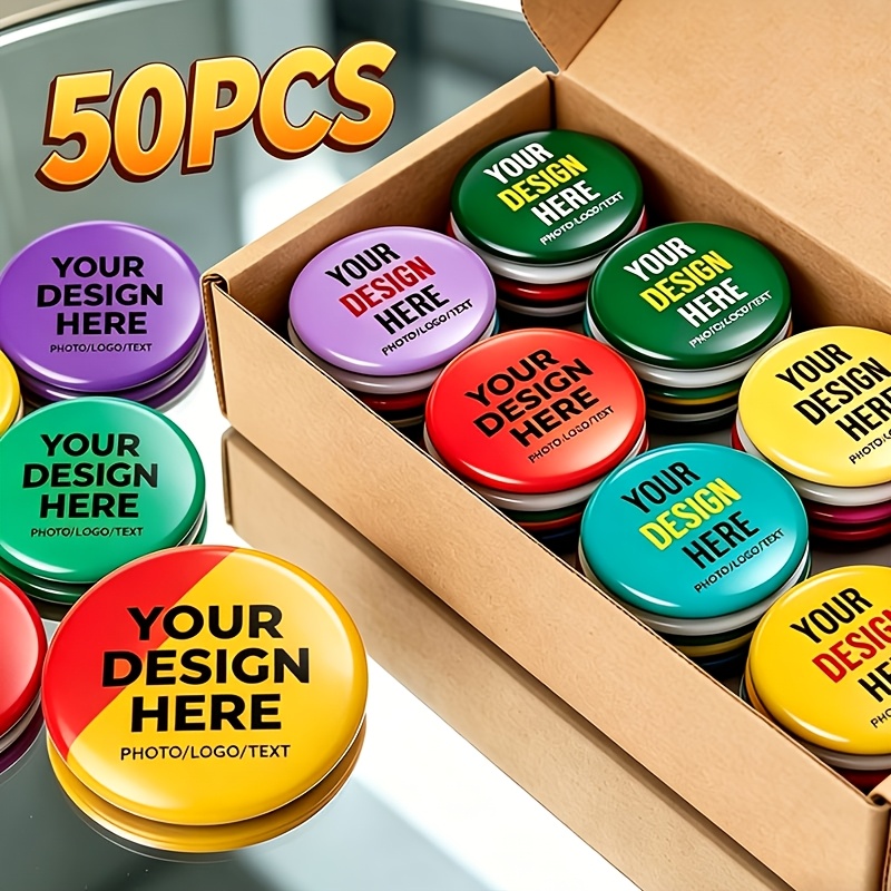TEMU 50pcs Personalized Custom Brooch Badges, Custom Diy Photo Badges, Multiple Sizes , Metal Base Pin, Decoration And Gifts, Suitable For Backpacks,