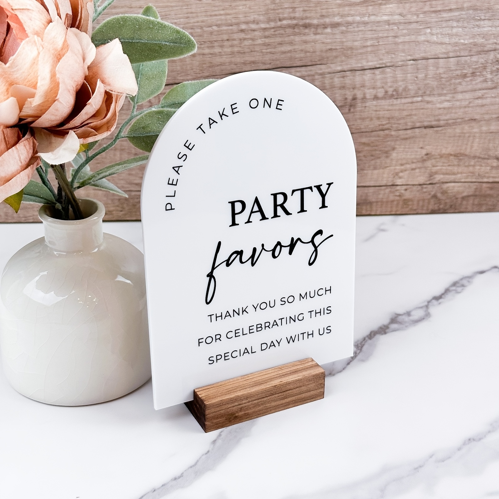 

Elegant Acrylic "party Favors" Arch Table Sign With Wooden Base - Modern Design For Weddings & Celebrations, Use, No Power Required, Wedding Decor