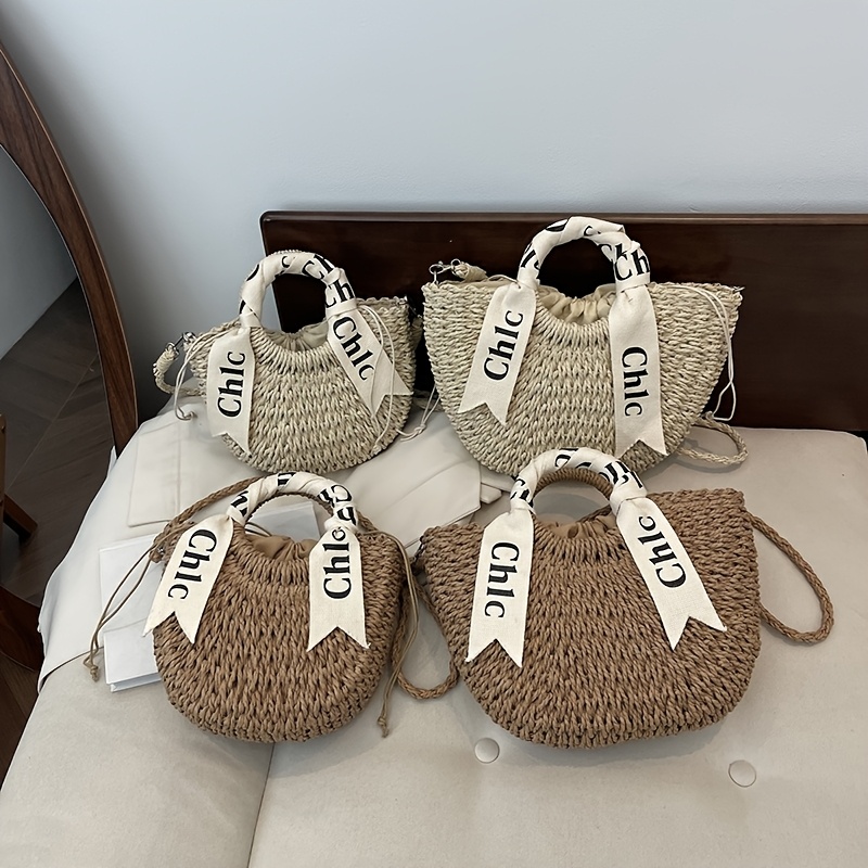 Drawstring Bags Straw Bag With Scarf Bag Type Women's Chic