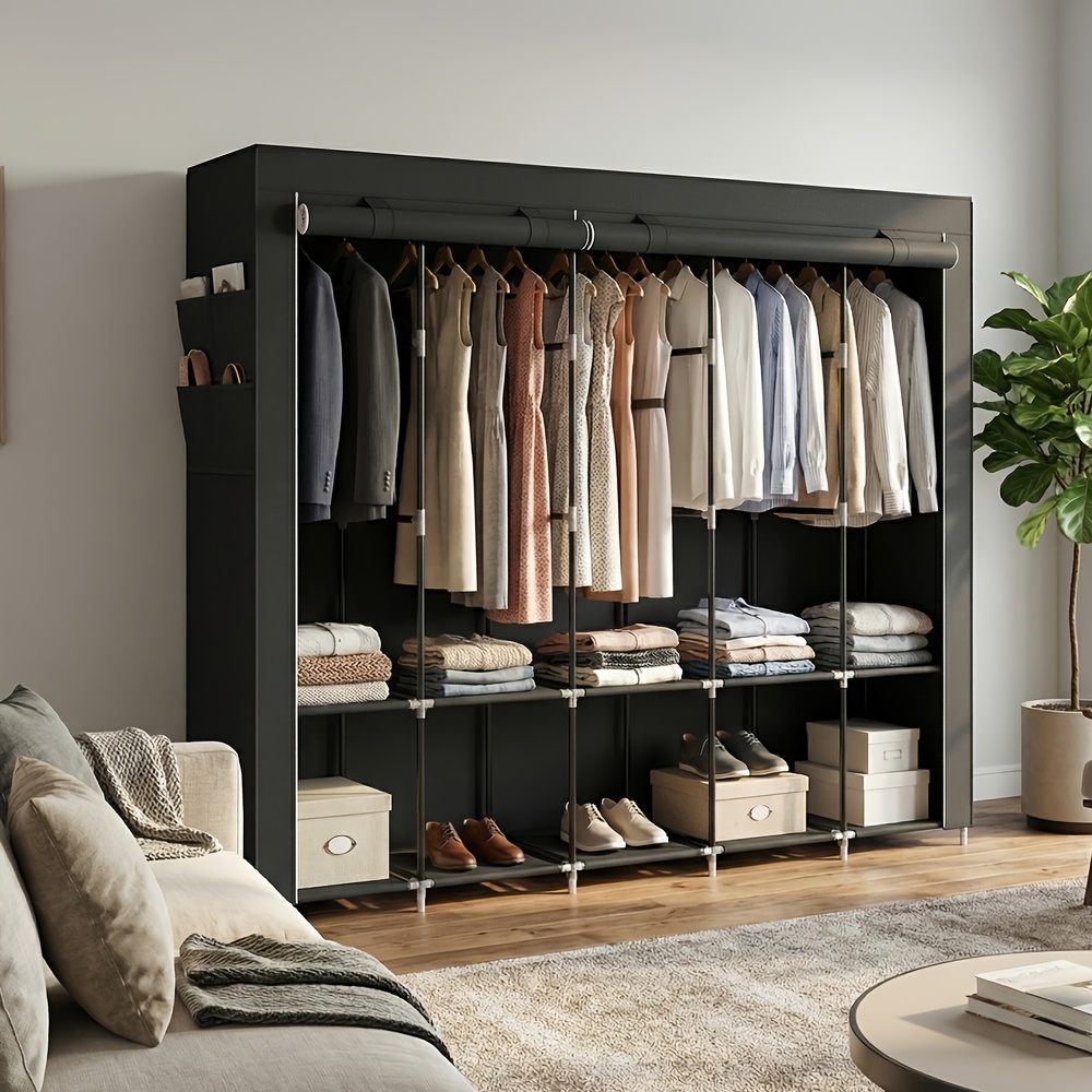 TEMU Portable Fabric Closet, Large Clothes Storage Wardrobe With 5 Rails, Multiple Shelves And Side Pockets, Garment Rack, Black, Portable Closets