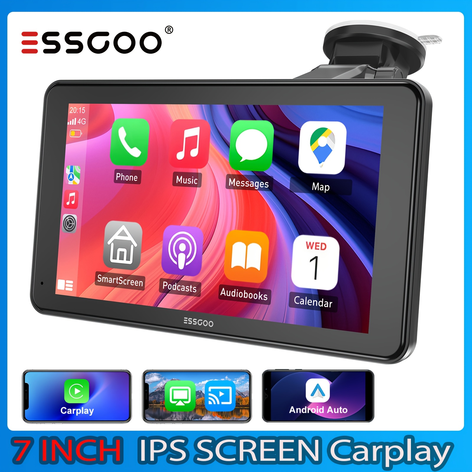 Essgoo 7" Portable Car Stereo With & Auto | Touchscreen Radio | , Aux/fm Transmitter, Voice Control