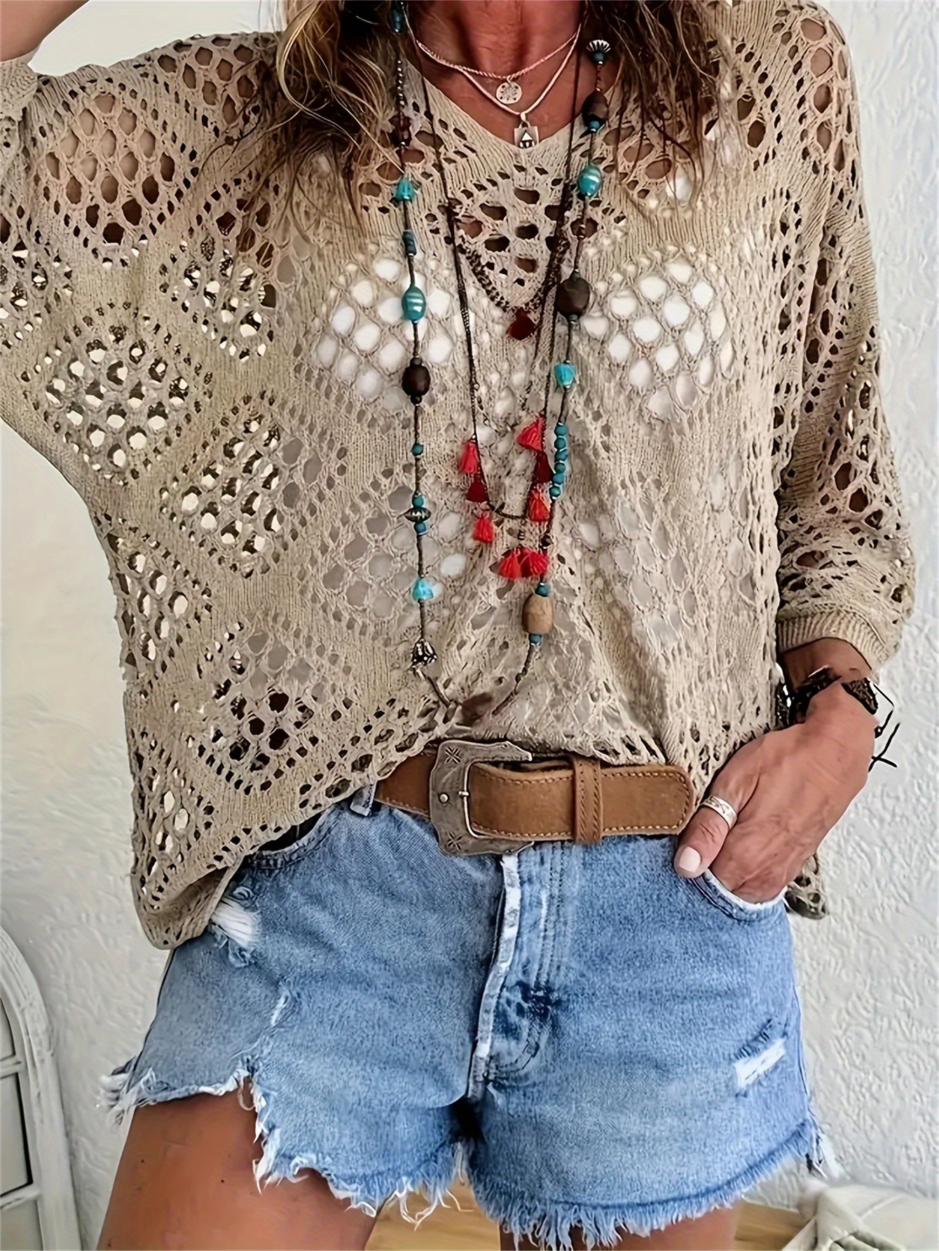 womens bohemian v neck batwing sleeve sweater lightweight 100 polyester summer top with cut out details machine washable solid color for casual resort wear khaki 0