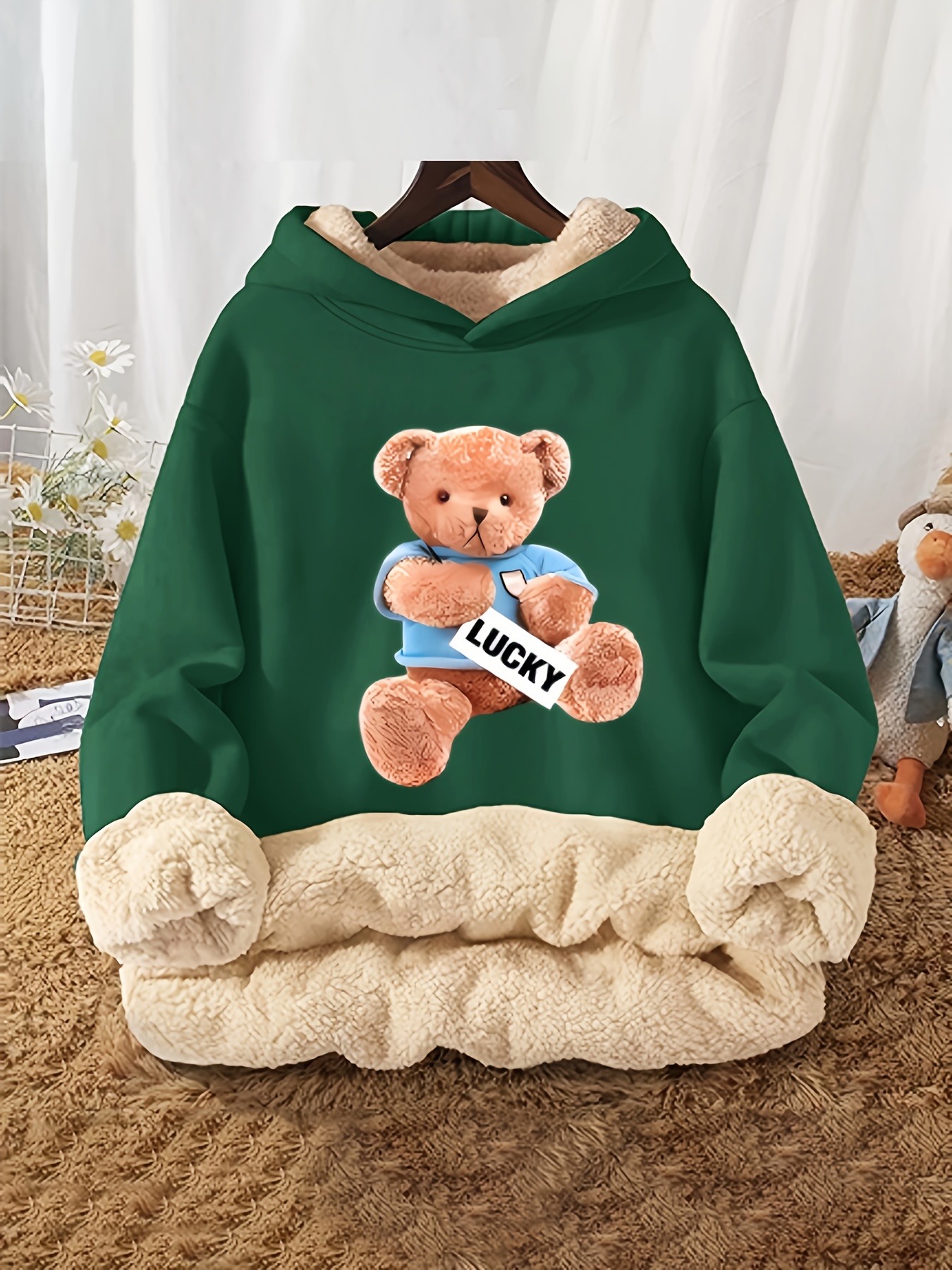 Cozy Girls' Fleece-Lined Hoodie with Cute Bear Print Casual Pullover for  Fall/Winter, Machine Washable, Oversized Hoodie