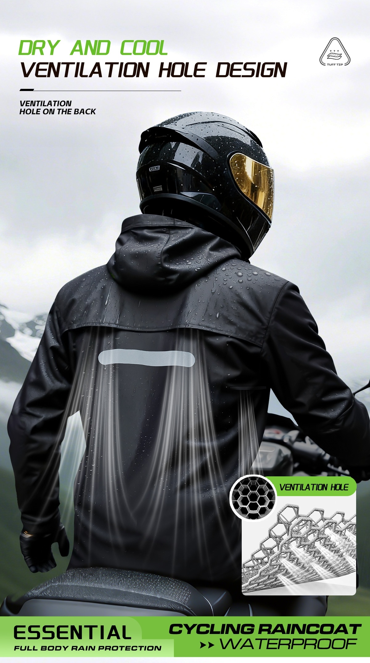 mens raincoat set windproof waterproof and rain resistant consisting of a separate raincoat and pants featuring reflective strips on the back ventilation holes and built in pockets suitable for outdoor cycling hiking     details 2