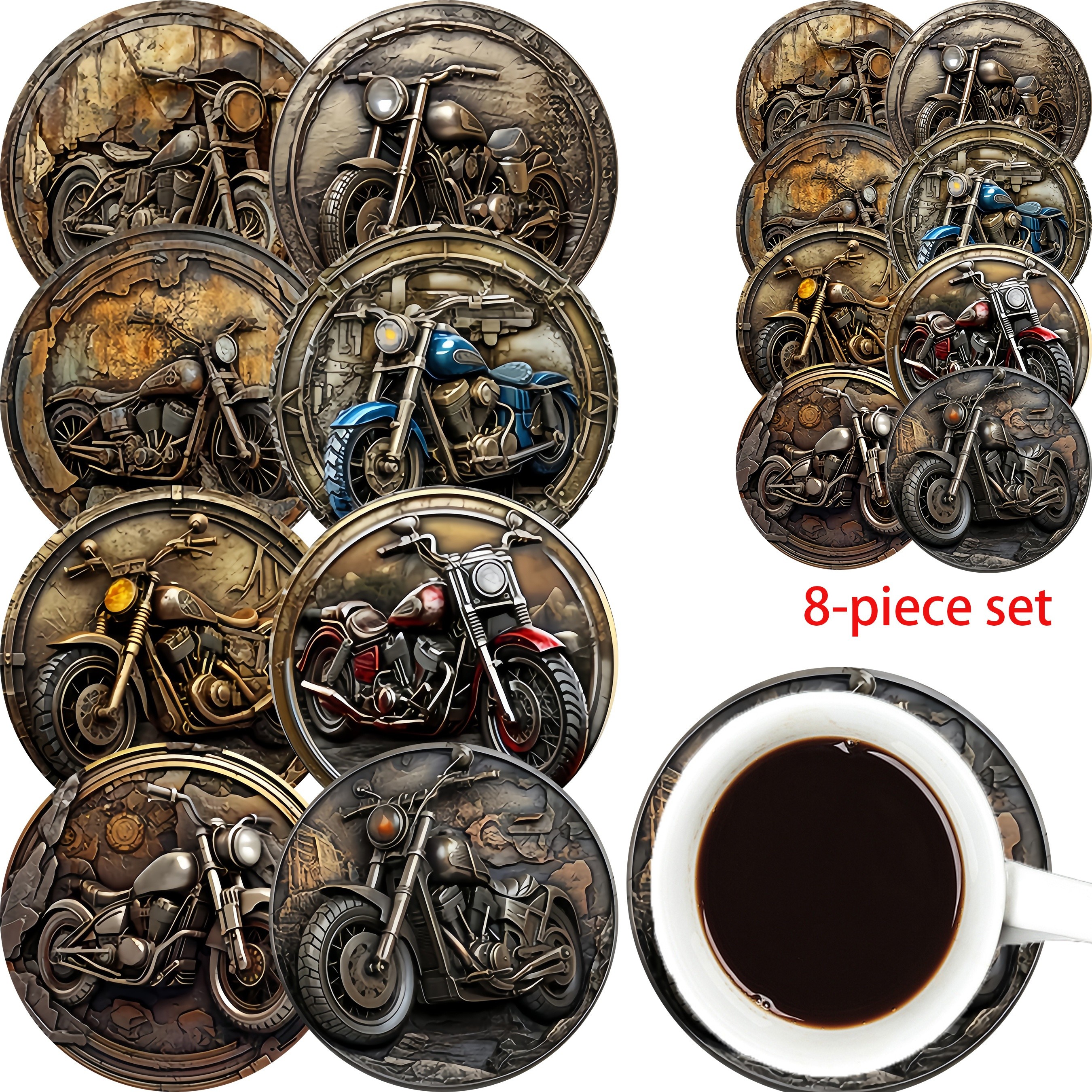 

8pcs Set Of Retro Metal Motorcycle Wooden Coasters, Tea Coaster, Coffee, Beverage Mug Coaster, Insulation Mat, Suitable For Home And Restaurant Decoration, Suitable For Collection