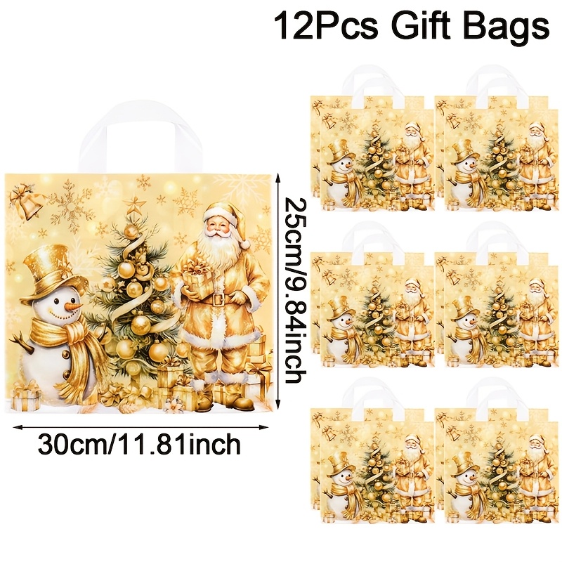 TEMU 12 sacs cadeaux dorés de Noël, 30 x 25 cm, grands sacs cadeaux en plastique à main avec motif de père Noël et de neige de dessin animé, sacs de