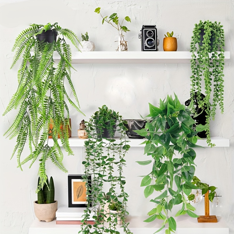 

4 Packs Fake Plants Hanging With Pots Artificial Ivy Vine Faux Eucalyptus Hanging Plants, Boston Fern, String Of Pearls For Home Room Wall Shelf Indoor Outdoor Decor