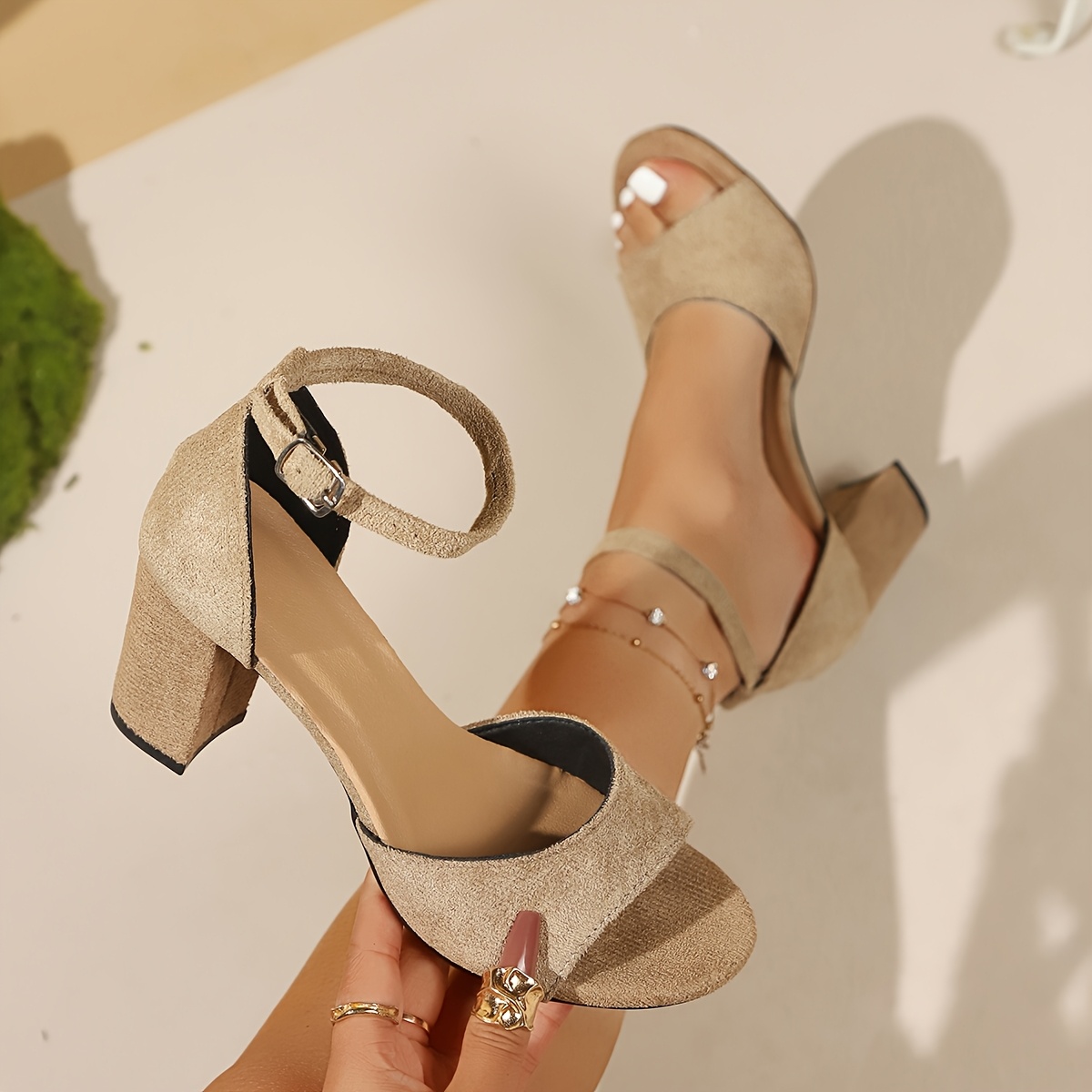 TEMU New Versatile Solid Color High-heeled Sandals - Fashionable Comfortable Women's Chunky Heeled Sandals, Women Shoes