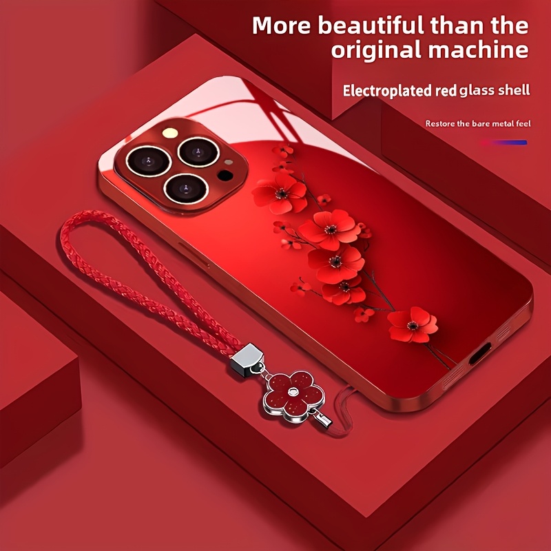TEMU Phone Case: A Red Flower Type Iphone Case With Bonus Elegant Lanyard - Red Electroplated Tempered Glass Cover, Shockproof, Anti-scratch,