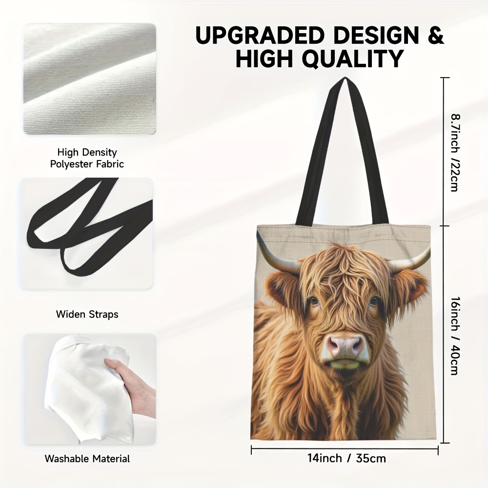 Image of 1pc Highland Cow Tote Bag - Durable Polyester Cute Scottish Cow Print Shoulder Bag For Grocery, Beach, Shopping - Perfect Gift For Mother’s Day, , Easter, Graduation